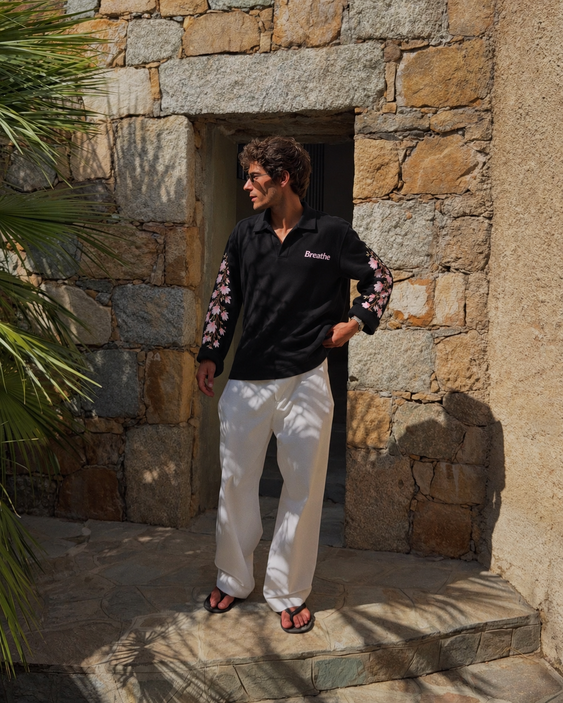 Black Cherry Blossom Embroidered Polo T-shirt ( Pre-order)