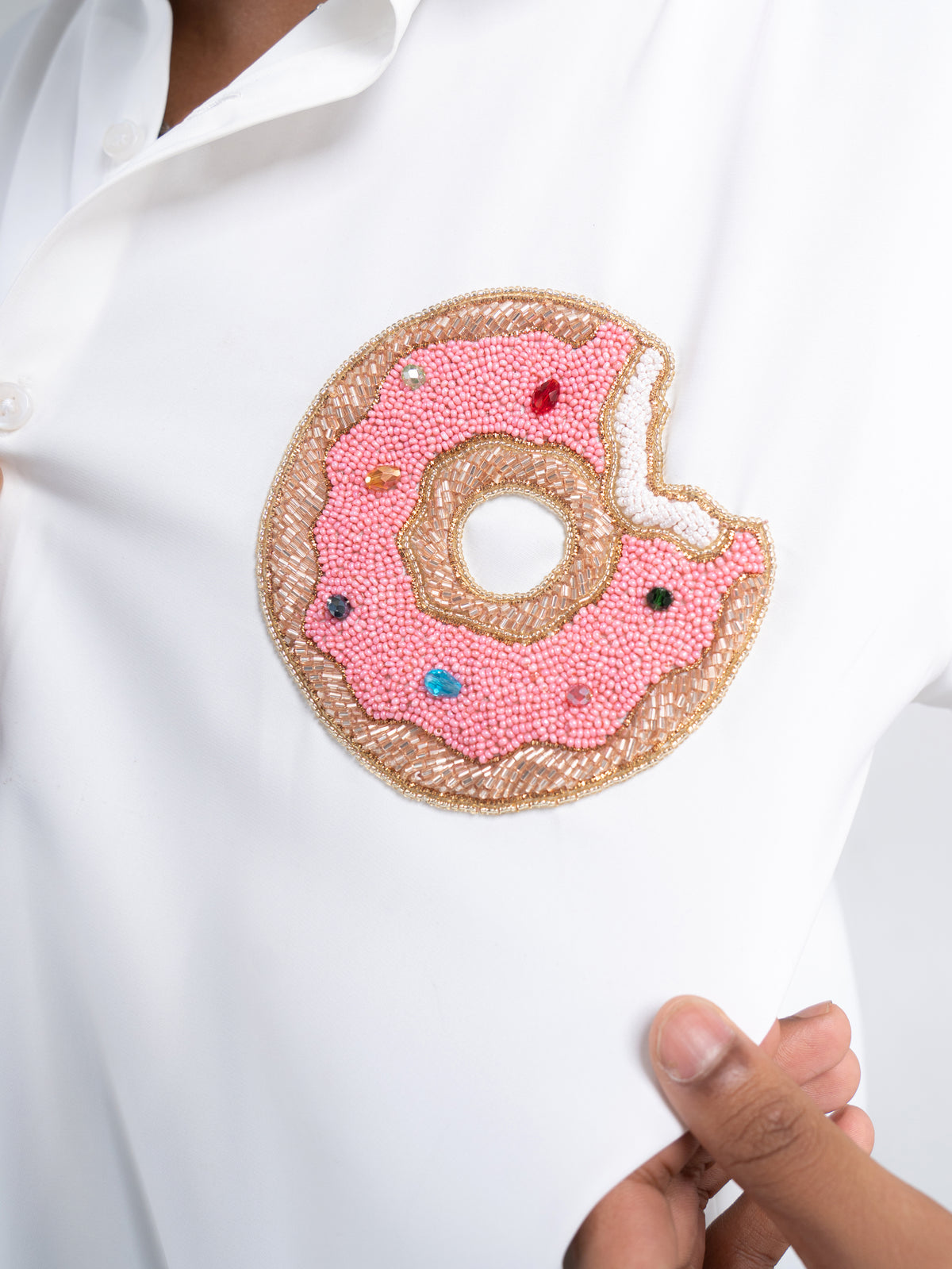 Hand Beaded Half - Donut white shirt